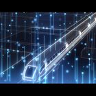 Leuchtender Zug in futuristischer Umgebung mit blauen Lichtpunkten und Linien, die eine digitale Welt darstellen.