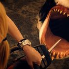 Eine Frau hält ein Messer und steht einem bedrohlich geöffneten Haimaul gegenüber.