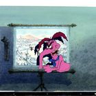 Text „Fun 51-38“. Illustration eines pinken, grinsenden Wesens mit großen Ohren, das nachdenklich aus einem Fenster blickt.