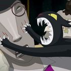 Illustration: Eine schwarze Katze kratzt das Gesicht einer grauen, menschenähnlichen Figur. Eine weitere Person im Hintergrund.