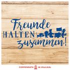 "Freunde halten zusammen!" in blauer Schrift auf Holzoptik, daneben stilisierte Tierfiguren im Marsch.
