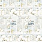 Die Illustration zeigt Wintermotive: verschneite Vögel auf Futterstellen, Häschen im Schnee und zugefrorene Gartenmöbel.