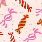 Illustration mit rot-gelb gestreiften und pinken Bonbons auf hellem Hintergrund, verziert mit kleinen goldenen Punkten.