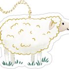 Illustration eines Schafs mit wolligem, weißem Fell. An einer Schnur hängend, mit grünem Gras darunter.