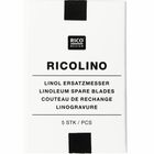 "RICOLINO, Linol Ersatzmesser, 5 STK / PCS." Rechteckige Verpackung, schlichtes Design mit schwarzem Text auf weißem Hintergrund.