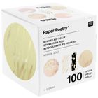 "Paper Poetry" Sticker auf Rolle. 100 Stück, 11 Designs, mit Hot Foil Gold. Verpackung zeigt Sticker-Muster in Pastell.
