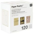 "Paper Poetry", "Sticker auf Rolle", "Hot Foil Gold", "11 Designs", "120 Stück". Drei goldene und pastelle Sticker-Designs.