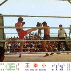 „The King of Boxers“ steht in der Mitte. Zwei Boxer kämpfen im Ring, ein Schiedsrichter beobachtet, Zuschauer im Hintergrund.