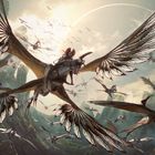 Illustration: Fantastische Wesen mit großen Flügeln fliegen durch eine zerklüftete Landschaft, gesteuert von humanoiden Figuren.