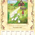 November 2027. Bauernhofszene mit Gänsen und einem Kind. Kalendarium mit Feiertagen im November.