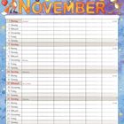 "November" als bunte, kindliche Schrift mit Tieren dekoriert, darunter ein Kalender mit Wochentagen und Feiertagen.