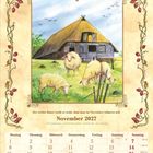 November 2027, Kalenderblatt mit Illustration: Schafe vor strohbedecktem Bauernhaus, Zierleisten mit Hagebutten.
