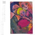 Dezember in drei Sprachen. Buntes Gemälde mit drei lachenden Gesichtern in lebhaften Farben.