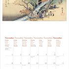 Text: November in mehreren Sprachen. Tage der Woche in verschiedenen Sprachen. Illustration: Japanische Herbstszene mit Brücke.