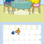 Kalendertage, Wochentage in mehreren Sprachen, niedliche Figuren spielen Karten an einem runden Tisch.