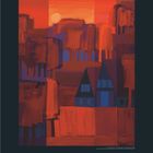 "12" ist unten in der Ecke zu sehen. Illustration eines Sonnenuntergangs mit geometrischen Formen in Rot- und Blautönen.