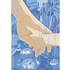 "Dezember" unten, zwei Hände halten sich, im Hintergrund ein Hund und Orangen, alles in blauen Tönen gehalten.