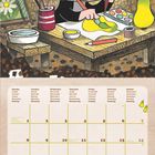 Kalender mit Wochentagen in mehreren Sprachen, darunter Montag und Friday. Illustration eines Maulwurfs beim Malen.