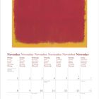 November in mehreren Sprachen, Kalender mit Wochenbeginn Montag, oben eine abstrakte Illustration mit rosa und rotem Rechteck.