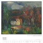 November. Kalender mit November 2027. Landschaftsgemälde mit Haus, Bäumen und wolkigem Himmel.