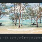 Novemberkalender mit Datumsleiste. Küstenlandschaft mit Bäumen im Wasser, klarem Himmel und sanften Wellen.