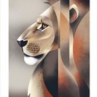 Text: "SEPTEMBER". Geometrische Illustration eines Löwen in warmen Erdtönen mit aufmerksamem Blick zur Seite.