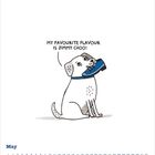 Illustration eines Hundes mit einem Schuh im Maul. Text: „My favourite flavour is Jimmy Choo!“. Mai-Kalender unten.