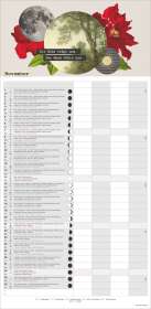 „Die Erde trägt uns. Der Mond fühlt uns.“ Kalender für November zeigt Mondphasen, Aktivitäten und Feiertage. Florale Illustration.