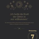 "Ich heiße die Kraft der Göttin in mir willkommen." Datum: Donnerstag, 7. Januar. Goldene Illustrationen von Sonne und Händen.