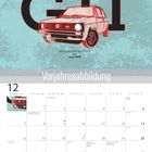 GTI, Volkswagen Golf GTI, since 1976, Vorjahresabbildung. Kalender mit Illustration eines Autos und Dezember-Kalenderblatt.