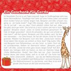 Text: "Ein Geschenk für Gerda". Illustration einer Giraffe mit rotem Hintergrund voller Geschenke und Geschenkbox unten links.