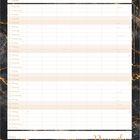 Kalendervorlage für Dezember. Spalten für Wochentage. Notizbereich unten. Hintergrund in schwarzem und goldenem Marmormuster.