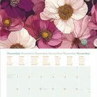 Novemberkalender mit Blumengemälde im Hintergrund. Tage sind in Englisch, Deutsch und weiteren Sprachen gelistet.