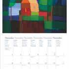 November in sechs Sprachen, darunter Montag bis Sonntag. Oben eine abstrakte Illustration mit einem Haus.