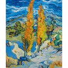 Text unten: „10 Vincent van Gogh, Two Poplars in the Alpilles near Saint-Rémy, 1889.“ Eine farbenfrohe Landschaftsillustration.