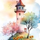 Text: "19" in einer Blume, "TURM". Illustration eines Turms auf einem Hügel mit Bäumen und Sonnenblumen. Pastellfarben.