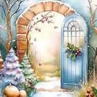 Text: "20" und "GARDEN". Aquarell-Landschaft mit schneebedecktem Torbogen, offenem blauen Tor und dekorierten Tannen.