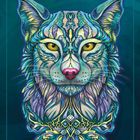 „LYNX Mystery“: Eine detaillierte Illustration eines Luchs-Gesichts in leuchtenden Blau- und Lilatönen, verziert und symmetrisch.