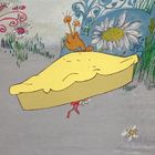 In der Illustration trägt eine kleine rote Ameise ein gelbes Stück Kuchen durch eine bunte Blumenwiese.