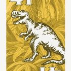 Zahlen "41" stehen oben und unten. Ein weißer Dinosaurier auf gelbem Hintergrund mit Blattwerk.