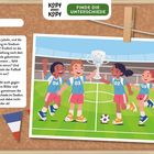 "Finde die Unterschiede" ist oben. Kinder in Fußballtrikots jubeln im Stadion und halten einen Pokal. Eine Fahne zeigt Brasilien.