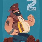 Zahl "2". Illustration eines Piraten mit rotem Hut, Stiefeln und einem Totenkopf-Tattoo.