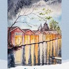 Strukturen mit granulierten Aquarellfarben. Eine malerische Darstellung von Bootshäusern am Wasser, reflektierende Oberfläche.