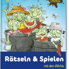 „Rätseln & Spielen mit den Olchis“, Oetinger. Zeichnung von grünen Figuren, fröhlich in Mülltonnen, umgeben von Fliegen.