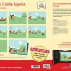 Texte: "Entdecken. Erzählen. Begreifen." "Eine Gemüsekette für den Freund" "Hase hat Geburtstag und Igel..." Illustration: Igel und Hase.