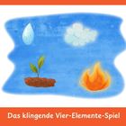 "Das klingende Vier-Elemente-Spiel." Illustration mit Tropfen, Wolke, Pflanze und Flamme auf blauem Hintergrund.
