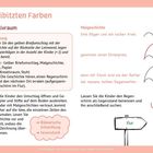 Es handelt sich um eine Anleitung für eine Kreativaktivität mit dem Titel „Die stibitzten Farben“ im Kreativraum. Anweisungen umfassen das Befestigen eines gelben Briefumschlags, das Hören und Malen der Geschichte, sowie das Erraten eines Ortes. Enthalten sind kleine Illustrationen und ein Hinweis auf bildnerische Entwicklung und Feinmotorik.