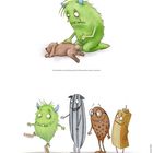 Buntes Monster kniet mit Hund. Unten vier fröhliche Monster: grün, gestreift, gepunktet und rechteckig.