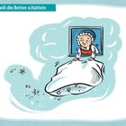 "Frau Holle will die Betten schütteln" steht oben. Illustration: Eine alte Frau schüttelt weiße Betten aus einem Fenster.