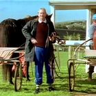 Ein Mann in blauer Hose und braunem Pullover hält Zügel zwischen zwei Pferden mit Geschirr auf einem grünen Feld.
